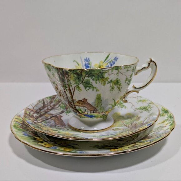 Hammersley Lorna Doone Cup Saucer Trio Set Floral Cottage Scene England Vintage - Picture 1 of 16